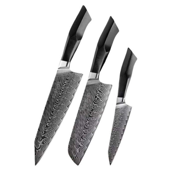 Soshida Kokuyo 3 Piece Damascus Pro Chef Knife Set