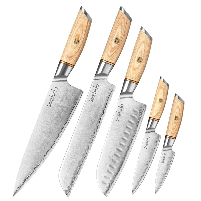 FULLHI Chief Knife Set 5 Pieces Japanese Knives Set Pakka Wood Handle  Premium German Stainless Steel Kitchen Knife Set with Roll Bag 